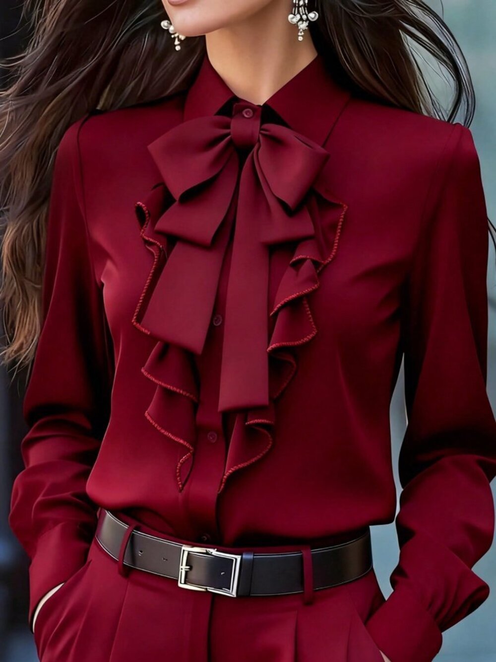 Burgundy Elegant Women's Long Sleeve Blouse with Tie Collar, Ruffle-Bow - Picture 4 of 5